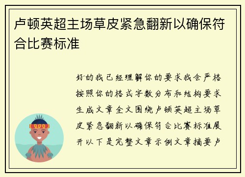 卢顿英超主场草皮紧急翻新以确保符合比赛标准